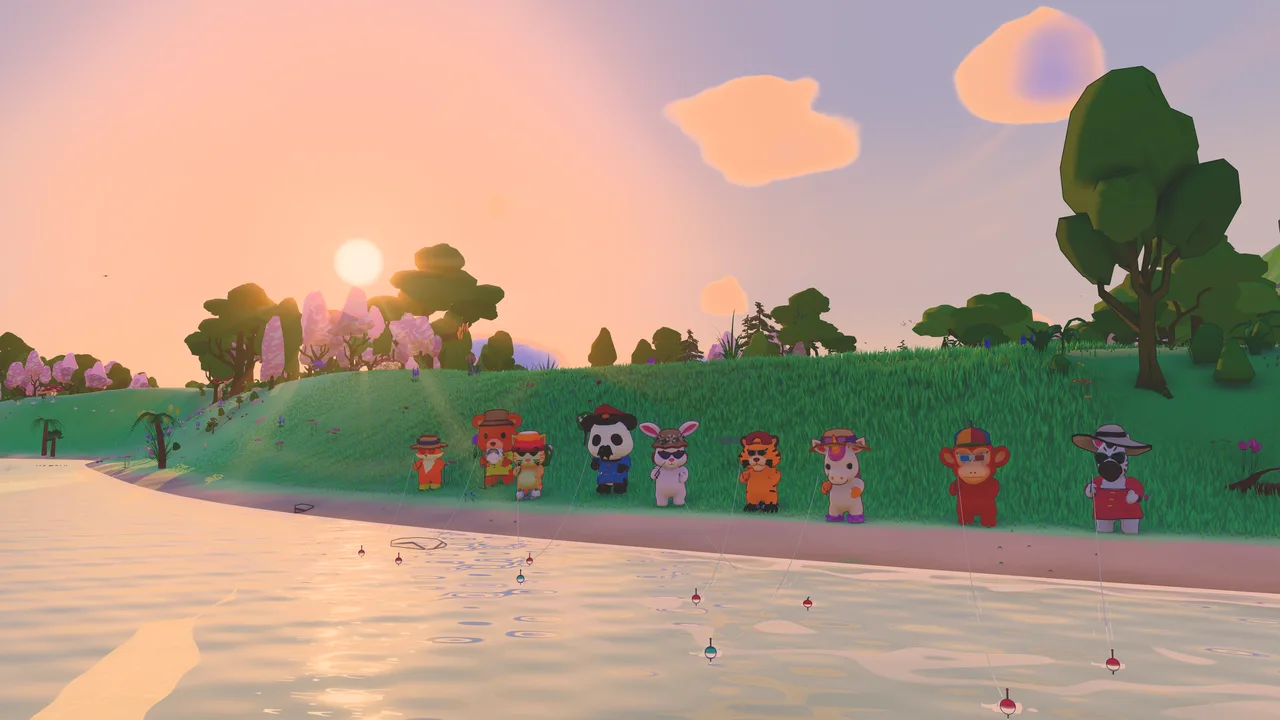 A row of baby animals fishing from the beach at sunset
