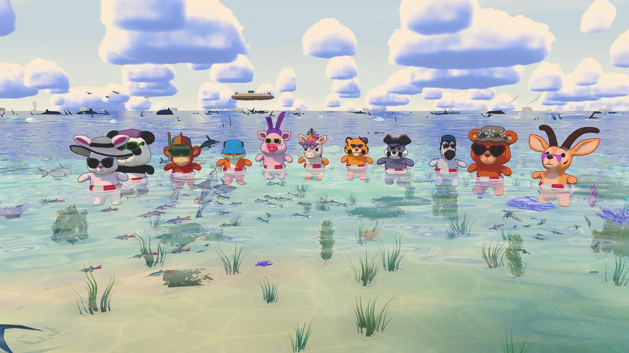 Friends in sunglasses wading in clear shallow water