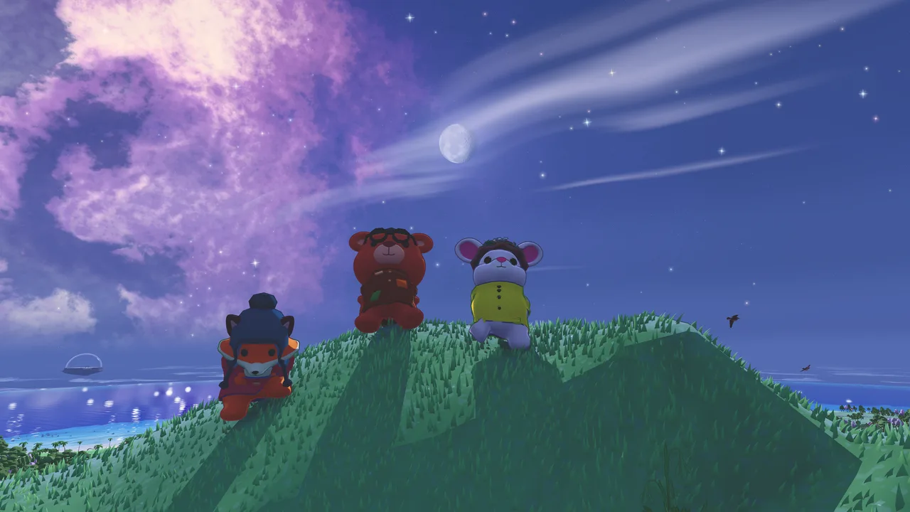 Three friends on a hilltop under a comet and the milky way